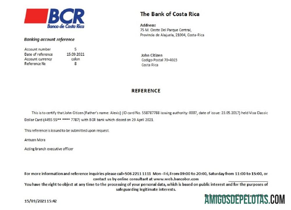 Costa Rica Referência de fechamento do Banco da Costa Rica amostra